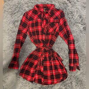 Forever 21 plaid long sleeve mini dress with waist tie red and black size M